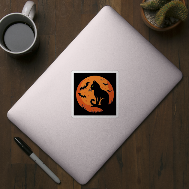Vintage Halloween Black Cat Moon by JessArty